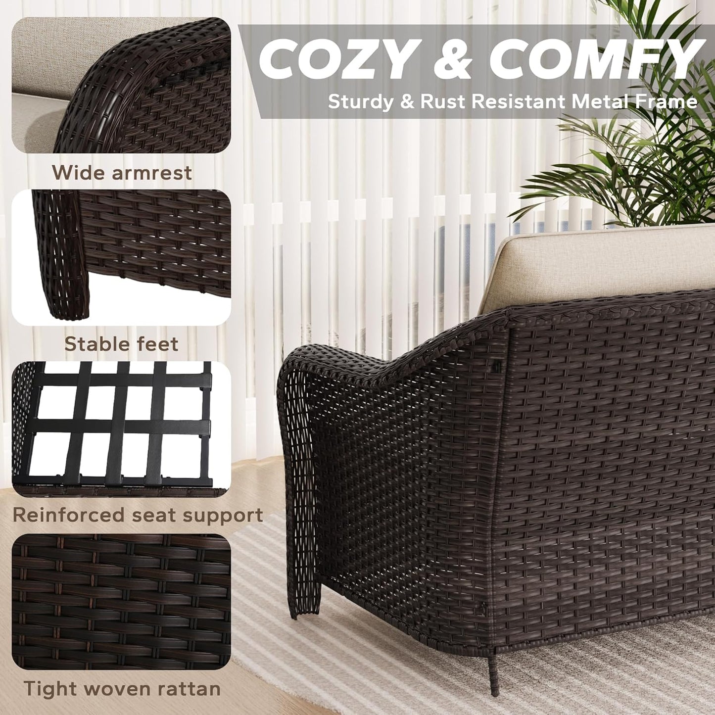 3 Pieces Patio sectional Sofa Set, Outdoor Conversation Furniture Set, 78" 3-Seat Couch with 2 Ottomans, 47" Metal Coffee Table, Rattan Wicker Sofa with Washable Cushions (Beige)