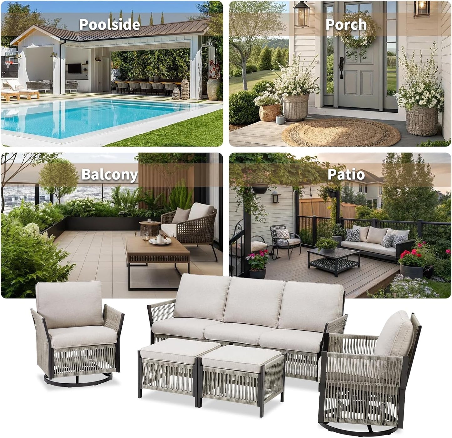 Patio Furniture Wicker Outdoor Conversation Set, 9-Piece All Weather Patio Furniture Rattan Sofa Sets w/Swivel Rocking Chairs & Ottomans, Side Table for Backyard, Balcony, Deck, Beige