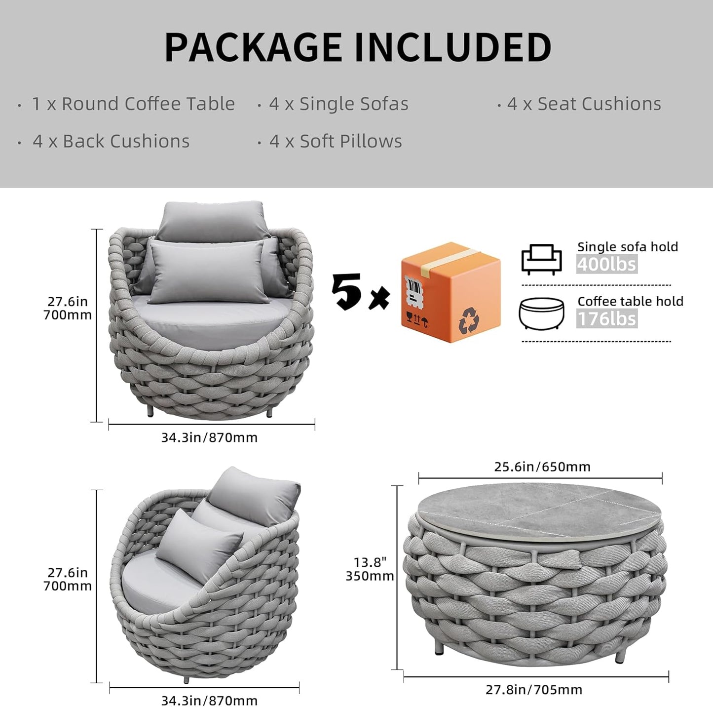 TWT Aluminum Outdoor Patio Furniture Set, 4 Textilene Armchairs Modern Outdoor Conversation Set Outdoor Single Sofa with Upgrade Cushion and Coffee Table for Balcony, Light Grey