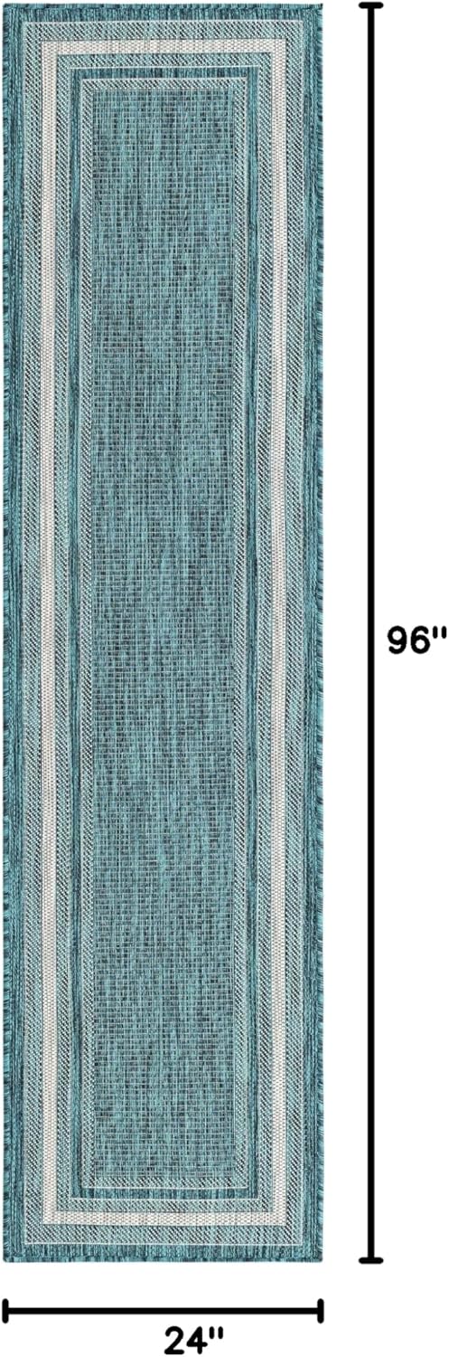 Unique Loom Outdoor Border Collection Area Rug - Soft Border (2' x 8' Runner, Teal/ Ivory)