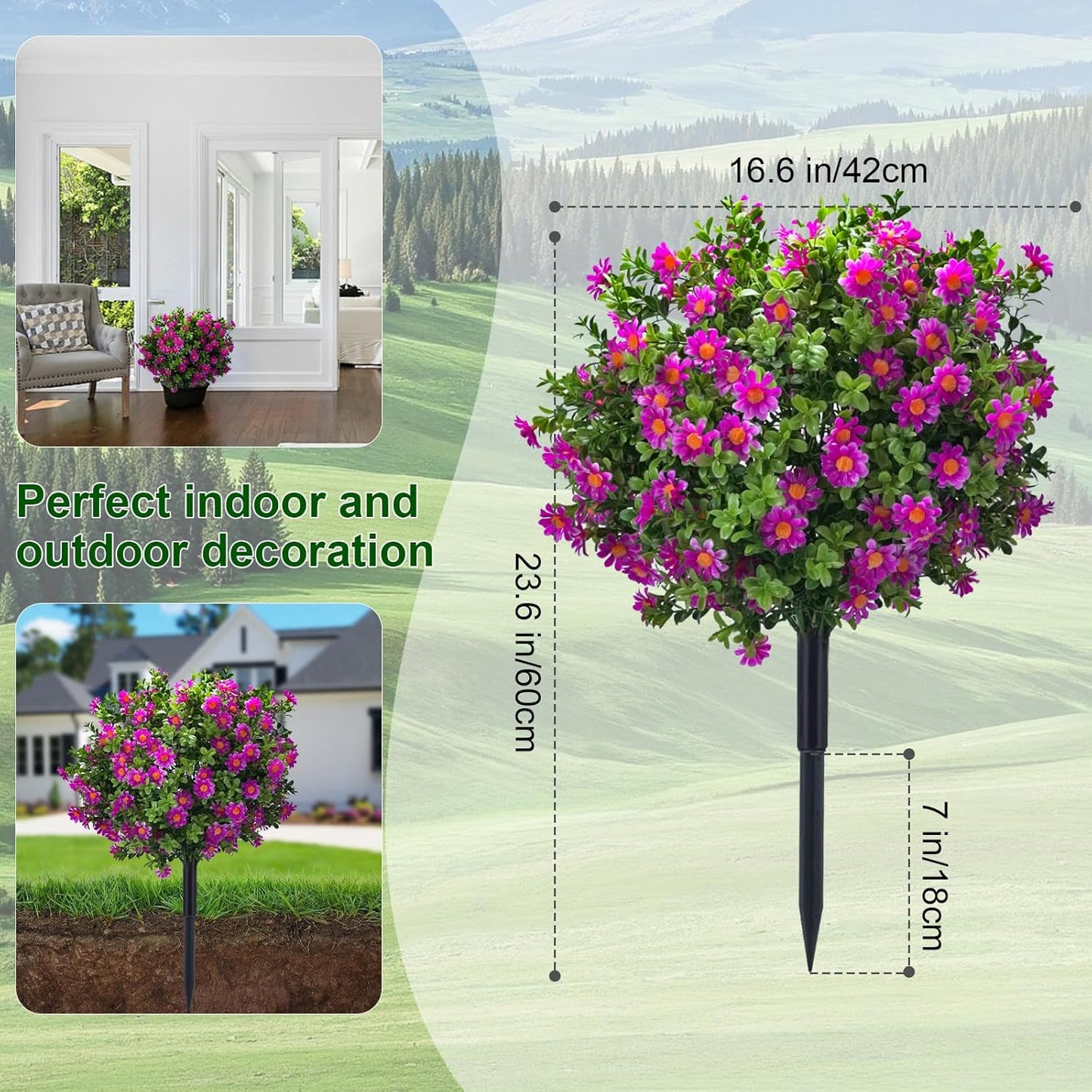 23.6" Artificial Boxwood Topiary Ball Trees with Purple Flowers, Set of 2 UV Resistant No Fade Outdoor Faux Plants with Ground Spike, Fake Shrubs for Garden, Patio, Porch, Yard, Indoor Decor