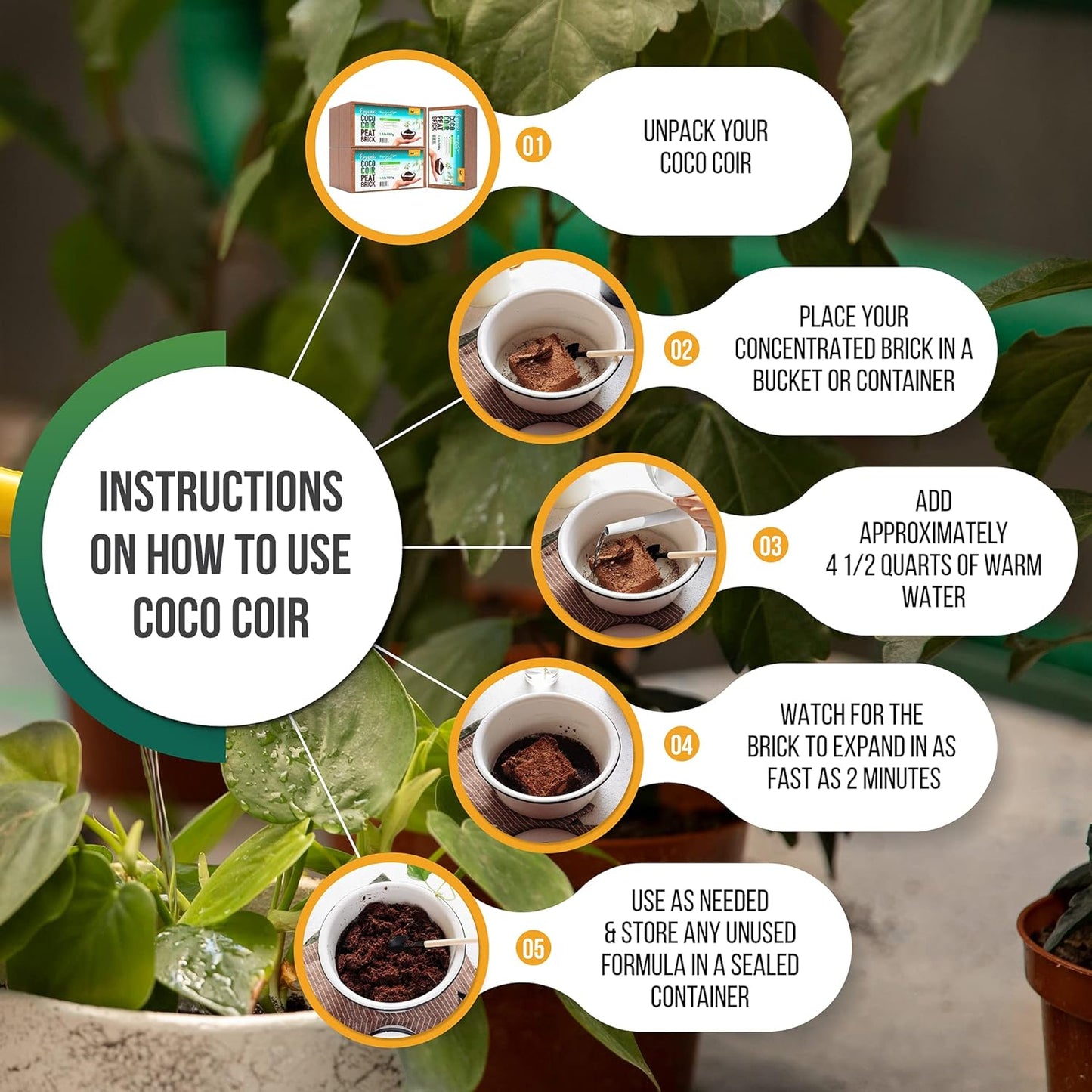 Coco Coir Bricks 5-Pack (650g Each) – Peat-Free Coconut Coir/Peat, Low EC & pH Balanced, High Expansion Seed Starter for Potting Mix, Hydroponics, Mushroom Substrate & Reptile Bedding