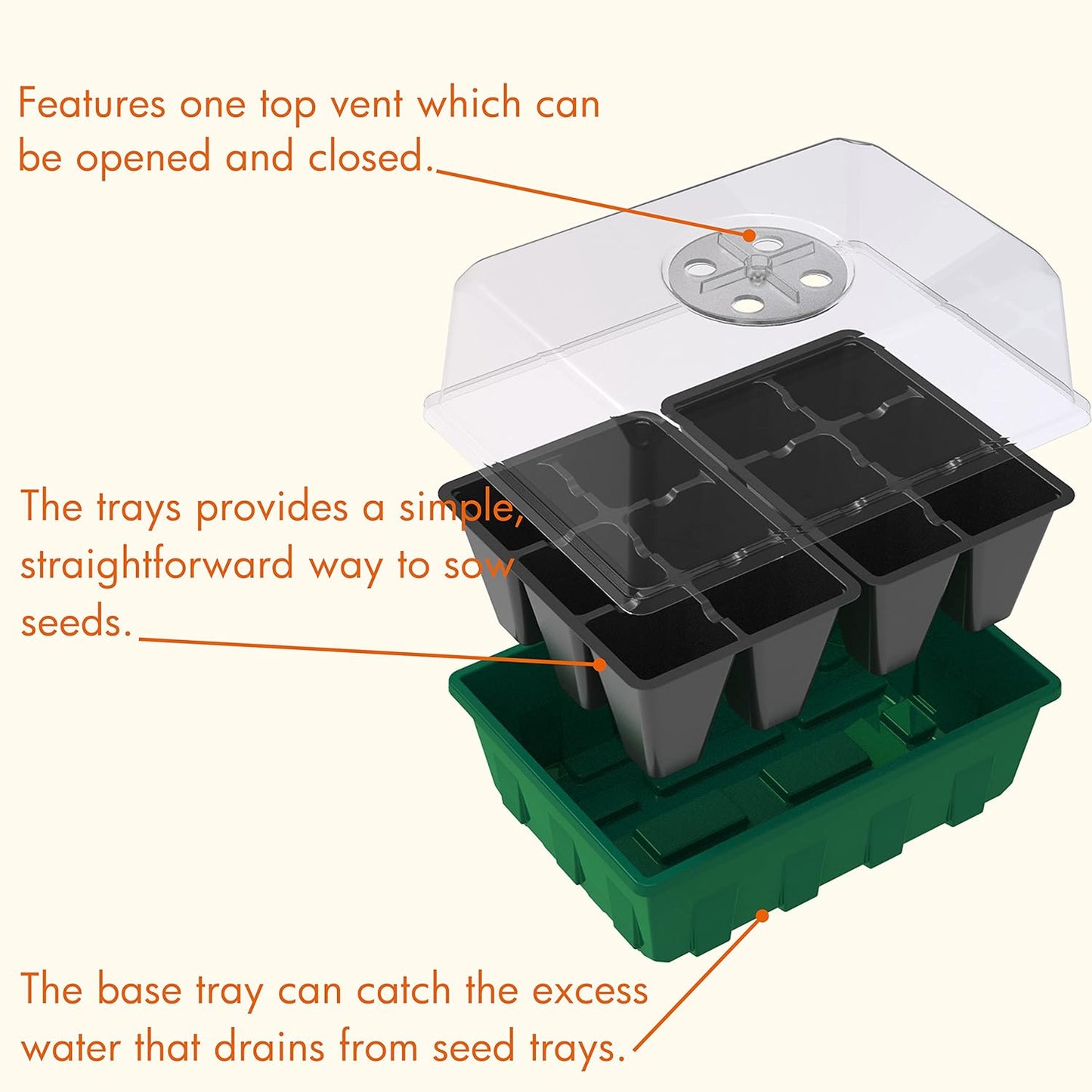 Gardzen 10-Set Garden Propagator Set, Black Seed Tray Kits with 120-Cell, Seed Starter Trays with Dome and Green Base 6.6" x 4.5" (12-Cell Per Tray)