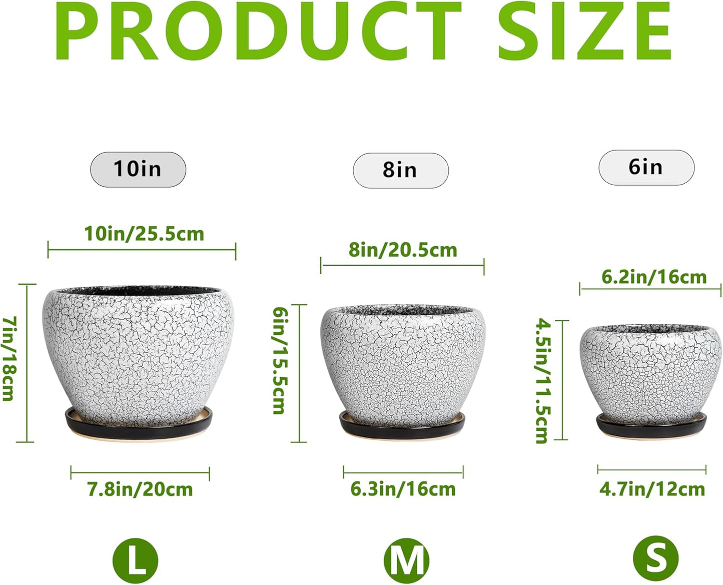 Ceramic Plant Pots Set of 3, 10+8+6 Inch Modern Round Flower Planters with Drainage Holes and Plant Saucers for Indoor Outdoor, Home Garden Room Porch Decor, Plant Lover Gifts, White-Black