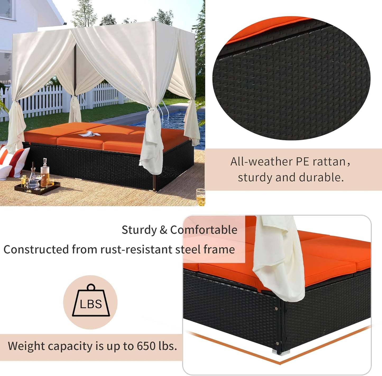 Patio Chaise Lounge, PE Rattan Outdoor Patio Wicker Sunbed Daybed with Adjustable Seats, Four-sided Canopy, Overhead Curtain and Orange Cushions for Backyard, Garden, Poolside (for 2-6 people)