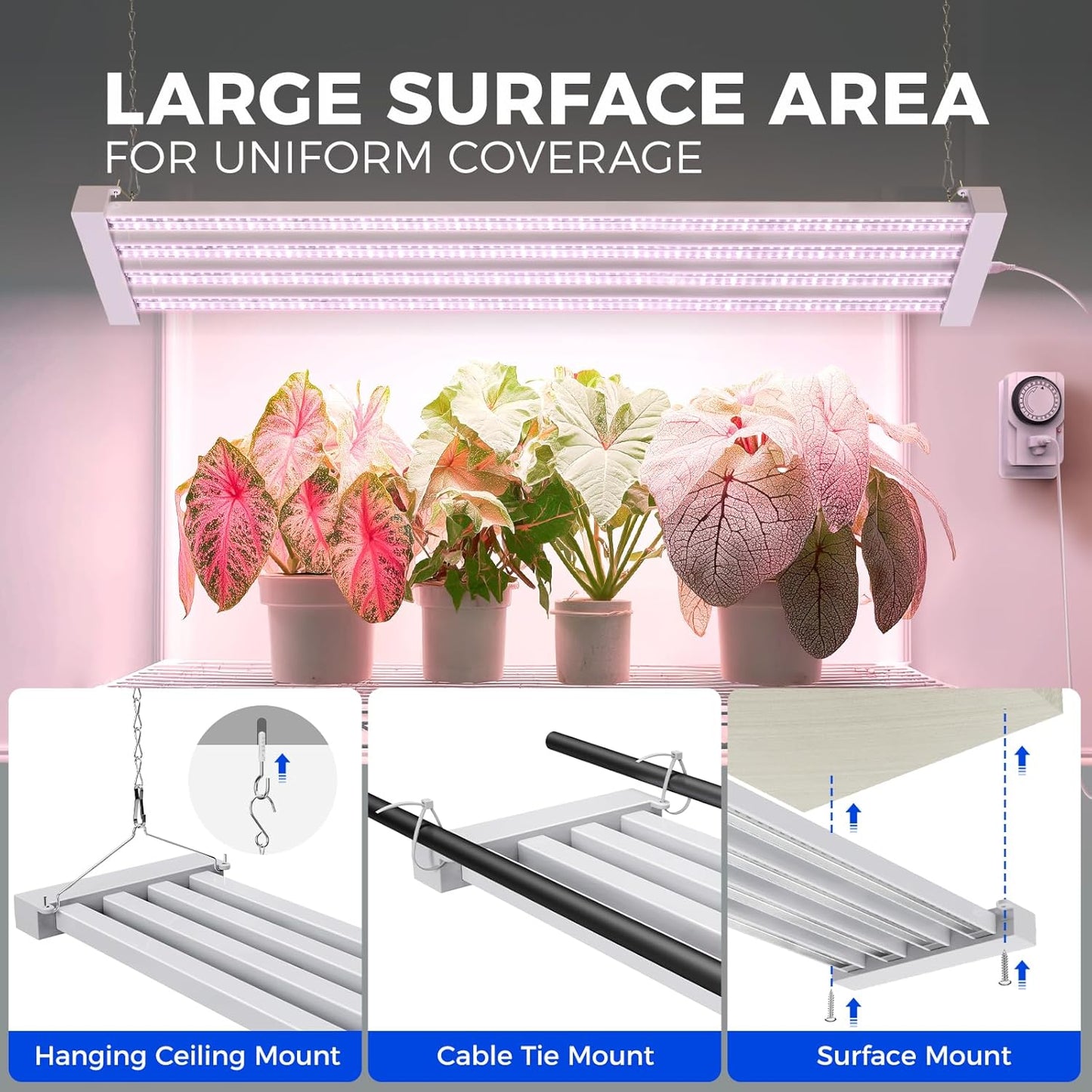 Barrina TX-L63 3FT LED Grow Light, 252W (4 x 63W), 4 Panel Wider Coverage, Full Spectrum, High PPFD, Mechanical Timer, Linkable, Hanging Light, Plant Stand with Grow Light for Indoor, Seeding, 4 Packs