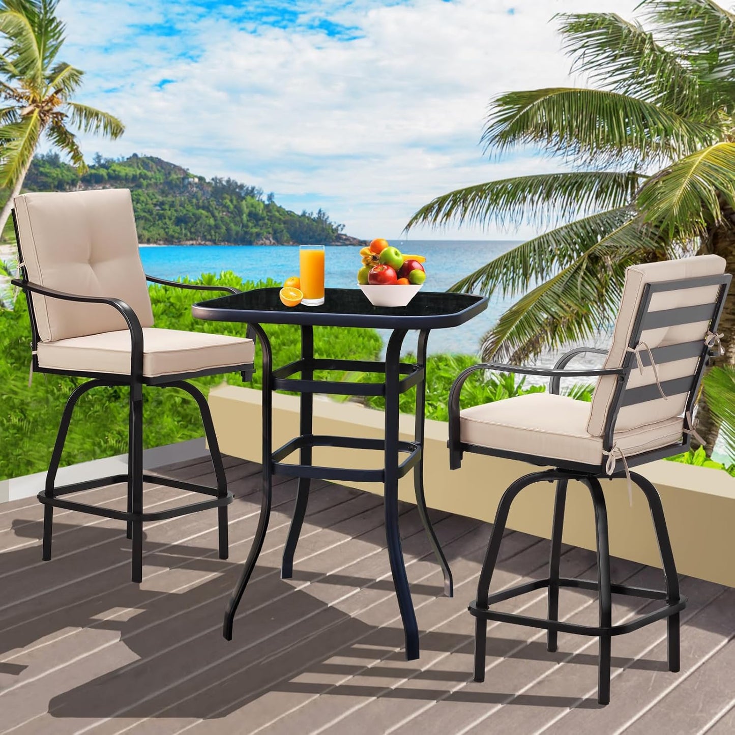 Patio Swivel Bar Stools, Outdoor High Back Swivel Bar Stool Chair Set of 2 with Cushion & All Weather Steel Frame, Beige