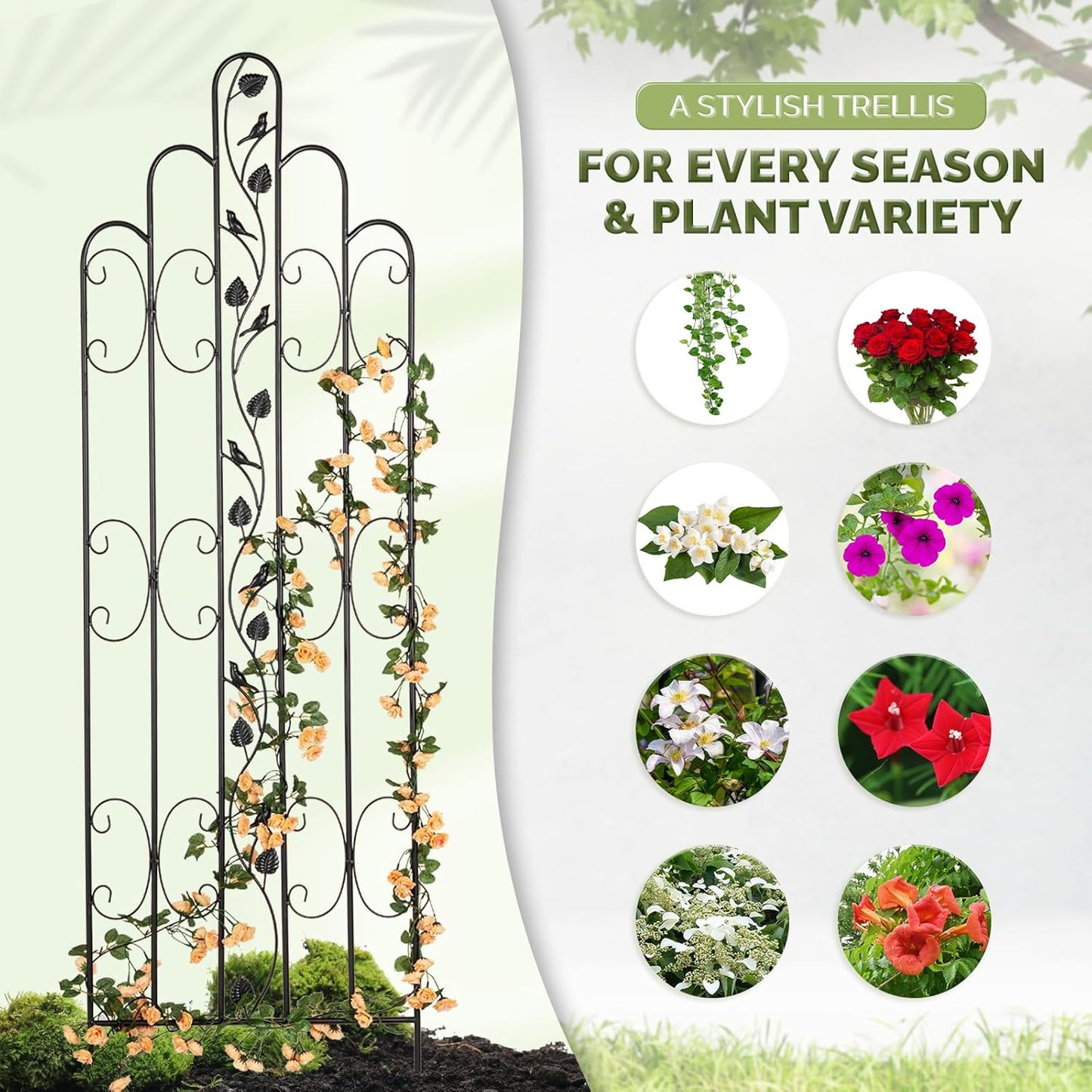 Idzo 71 in. Decorative Metal Trellis for Climbing Plants Outdoor, Heavy-Duty Steel Garden Trellis with Durable Powder Coating, Black Bird Pattern