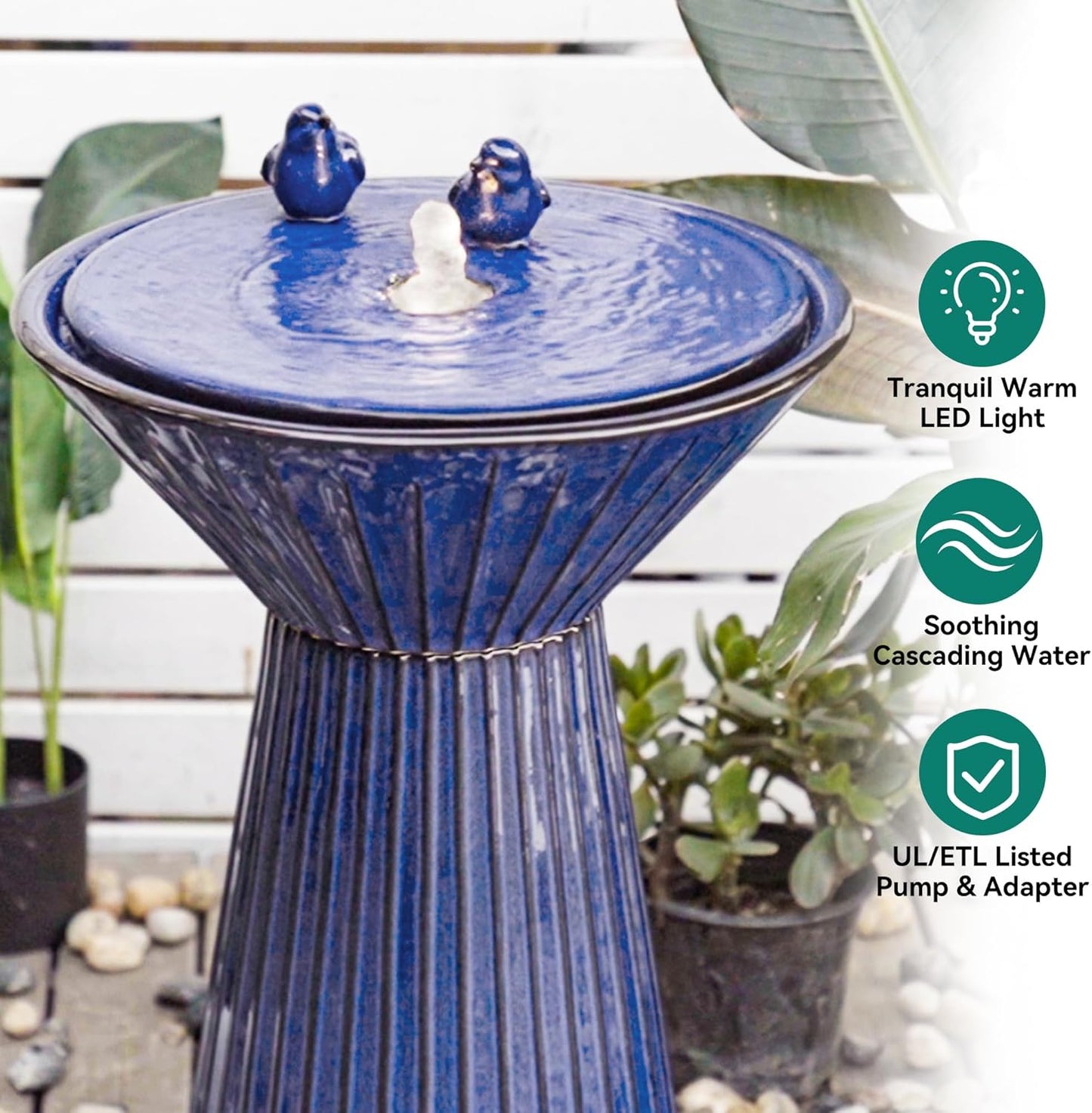 28" H Ceramic Birdbath Outdoor Fountain with LED Lights, Bird Accents & Fluted Texture, Bubbling Water Feature for Garden, Patio, Yard or Porch – Creates a Tranquil Oasis for Relaxation.