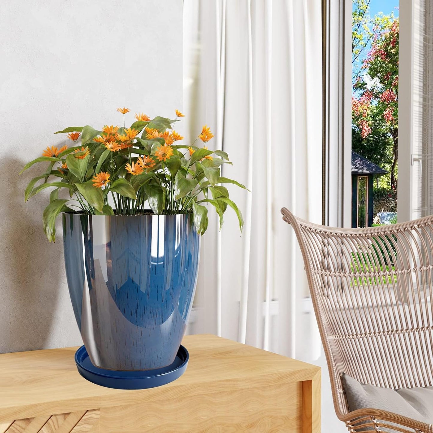 Ceramic Plant Saucer Pot Tray Blue 2pcs-12 Inch, Planter Saucers 4 5 6 7 8 9 10 11 12 Inch for Indoors Outdoor, Durable Sturdy Flower Drainage Tray for Glazed Pots Base (12.5 Inch-Blue)