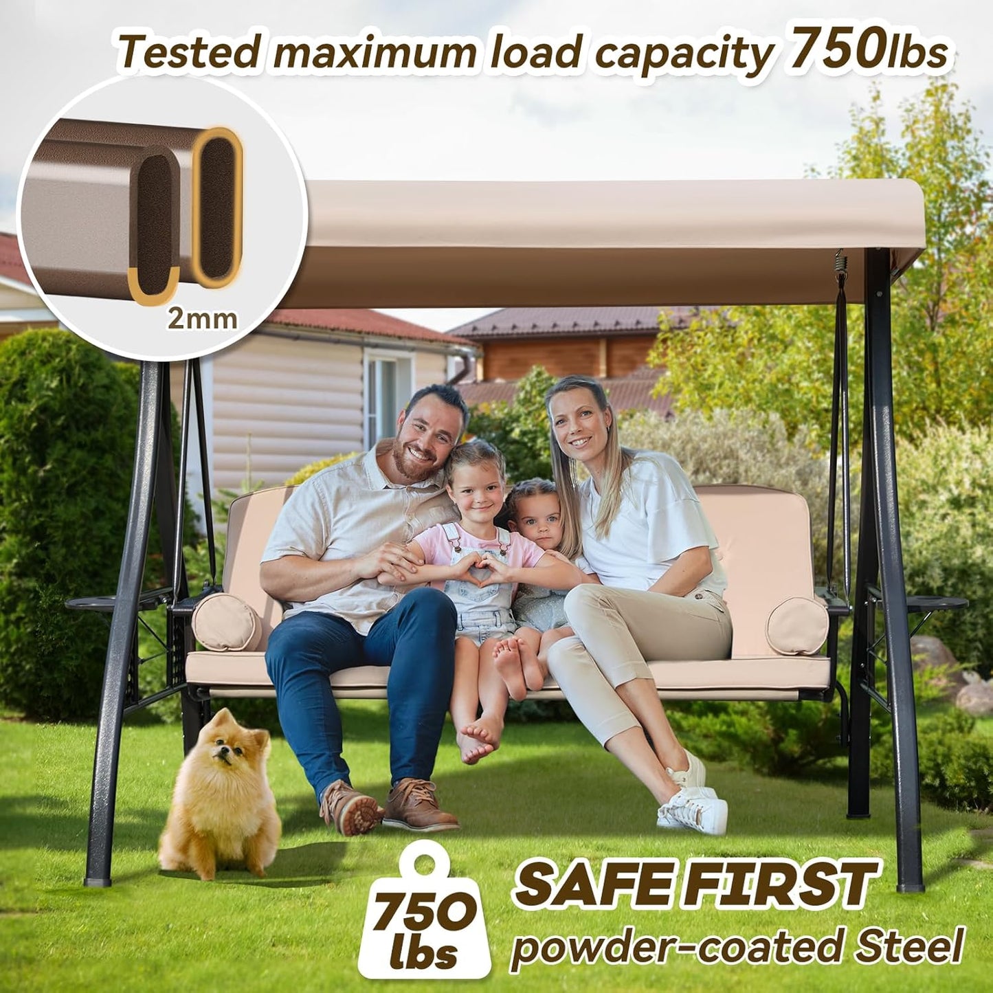 3 in 1 Outdoor Porch Swing with Adjustable Canopy, 3 Seat Outdoor Swing for Adults, Patio Swing Chair with Thickened Cushions,Pillows & Cup Holders for Backyard, Porch, Garden (Khaki)