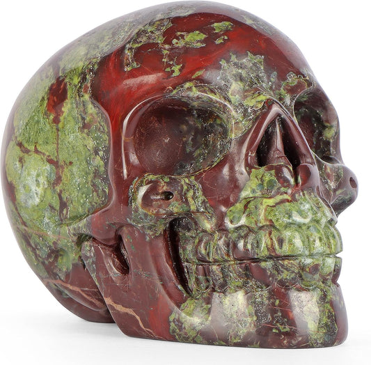 3.0" Dragon Blood Stone Crystal Skull Head Figurine Healing Stone Carved Sugar Skull Statue Sculpture Decor Day of The Dead Statue Ornaments Halloween Decoration