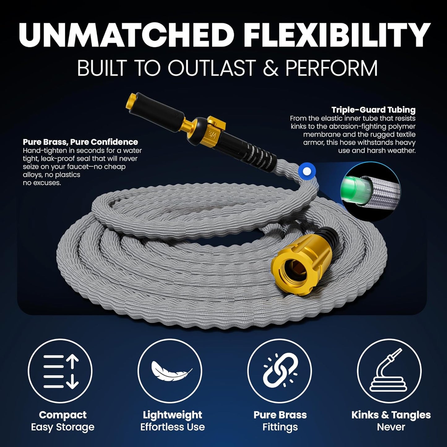 TITAN Flexible Garden Hose 30FT – Ultra Lightweight, Heavy Duty Water Hose with Brass Fittings & Jet Nozzle – Kink-Free, Non-Expanding, Durable Fabric Hose for Yard, Lawn, Car Wash, Outdoor Use