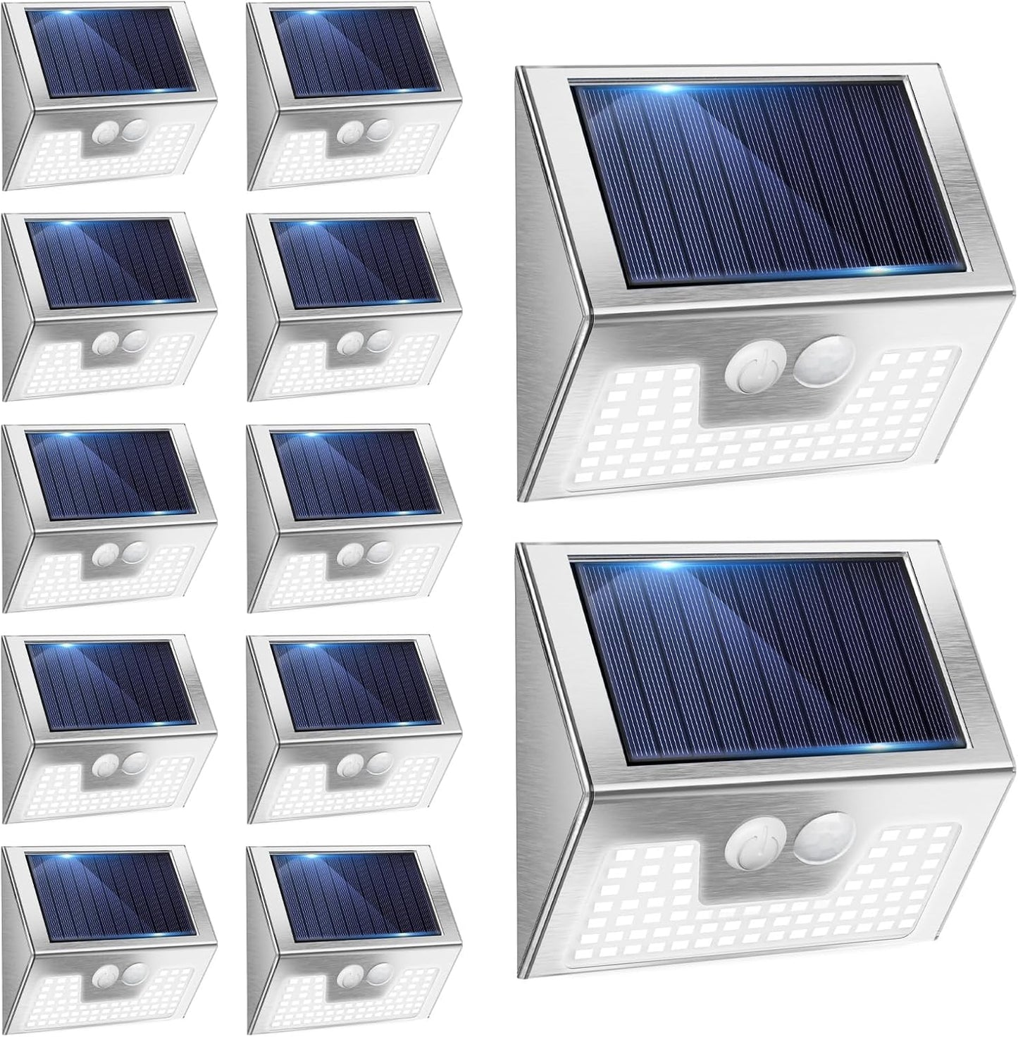 Vighrep 12-Pack Solar Motion Lights - Outdoor, Brushed Nickel, Bright Cold White, Waterproof LED Fence Lights Wireless for Wall, Yard, Steps, Stairs, Garden