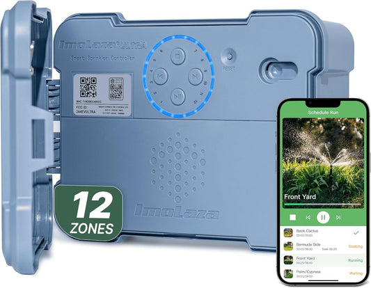 ImoLaza Outdoor Smart Sprinkler Controller, 12-Zone WiFi Irrigation Controller with Hyper-Local Weather, App Remote Control, Works w/ Alexa, Auto Watering, Rain/Freeze/Wind Skip, Smart Fault Detection