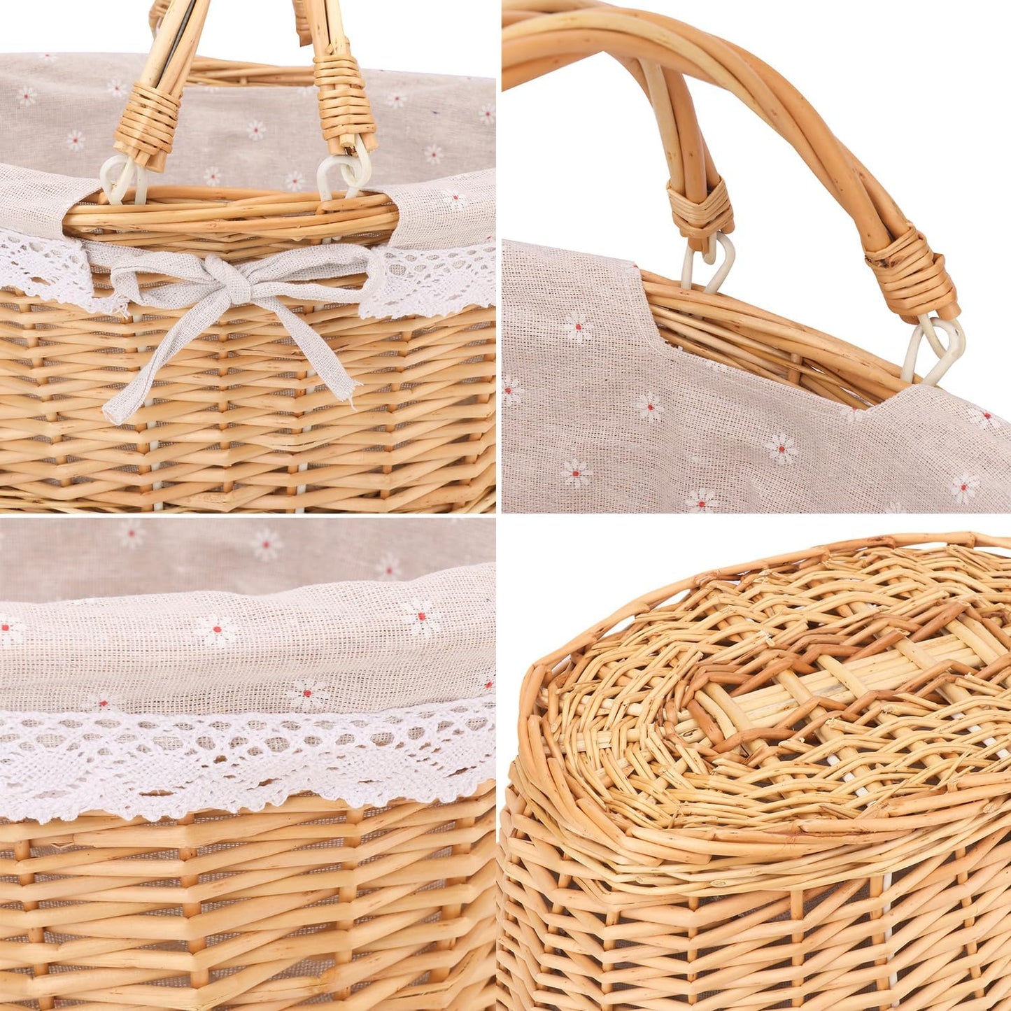 2 Pack 12.6 Inch Natural Wicker Basket with Linen Cotton Cloth Lining, Oval Wicker Woven Basket with Handle, Willow Woven Picnic Baskets for Picnic, Camping, Party(Small)