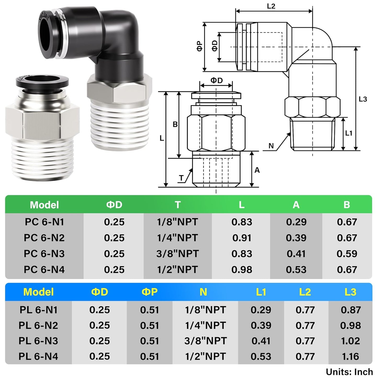 TAILONZ PNEUMATIC Elbow and Straight Combination 6MM Tube OD x 1/4 Inch NPT Thread Push to Connect Fittings PC6-N2+PL6-N2(Pack of 12)