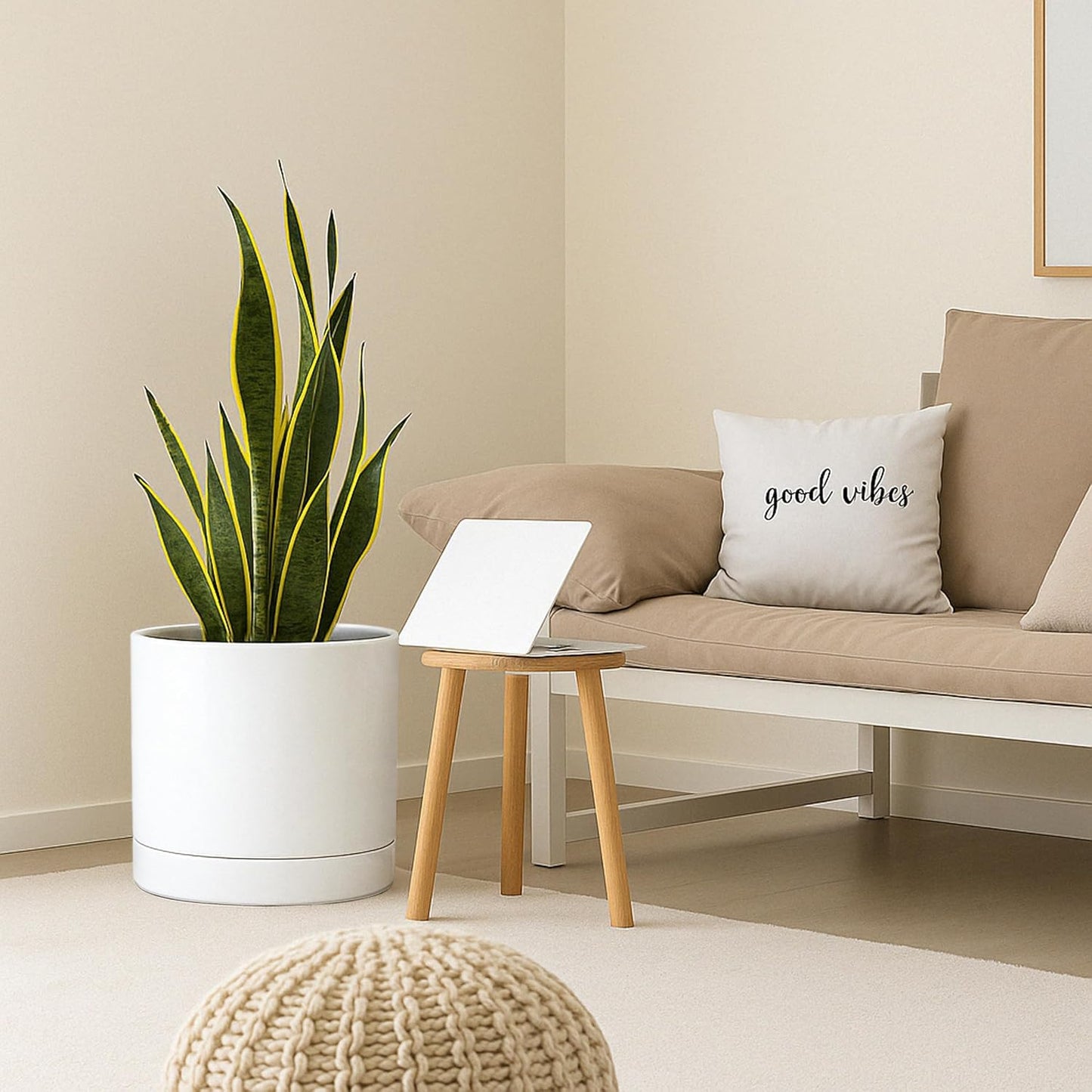 D'vine Dev 14 Inch Ceramic Planter Pot with Drainage Hole and Saucer, Indoor Cylinder Round Planter Pot, White, 94-O-G-1