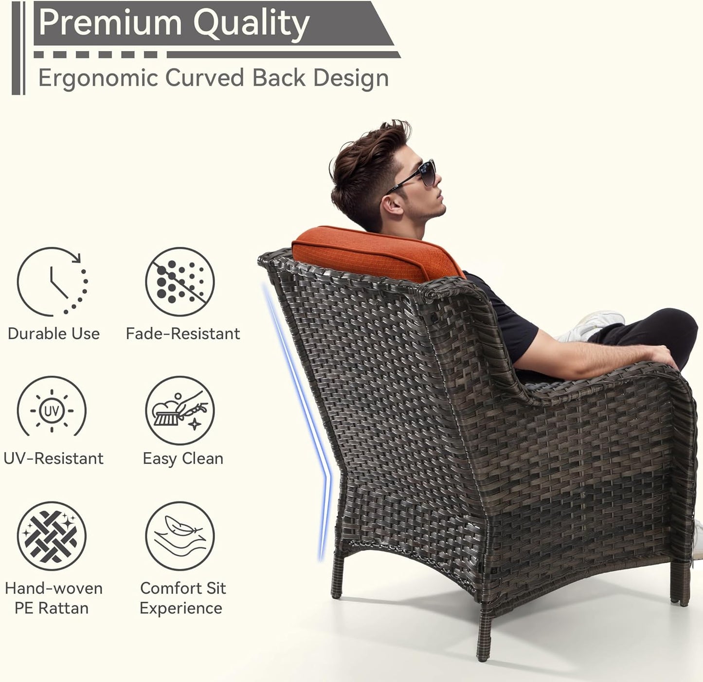7 Pieces Outdoor Patio Conversation Set, Wicker Furniture Set Includes 3-Seat Sofa, Patio Rattan Dining Chair Set of 4, 2 Ottomans, for Porch, Yard, Mixed Brown Rattan, Orange