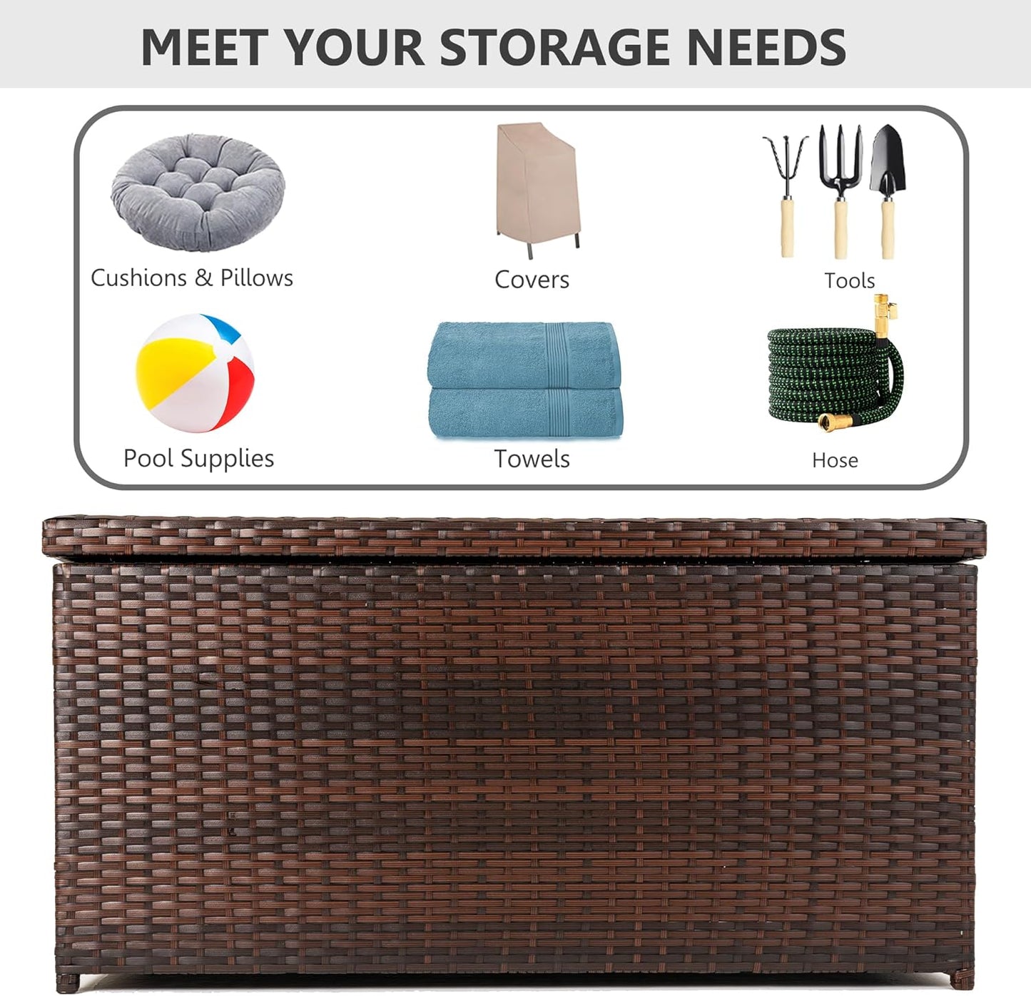 Outdoor 70 Gallon Wicker Storage Box with Waterproof Liner, Patio PE Rattan Storage Container for Outside, Deck Box with Hinged Lid for Cushions, Pillows, Towels, Horizontal Bin, Brown