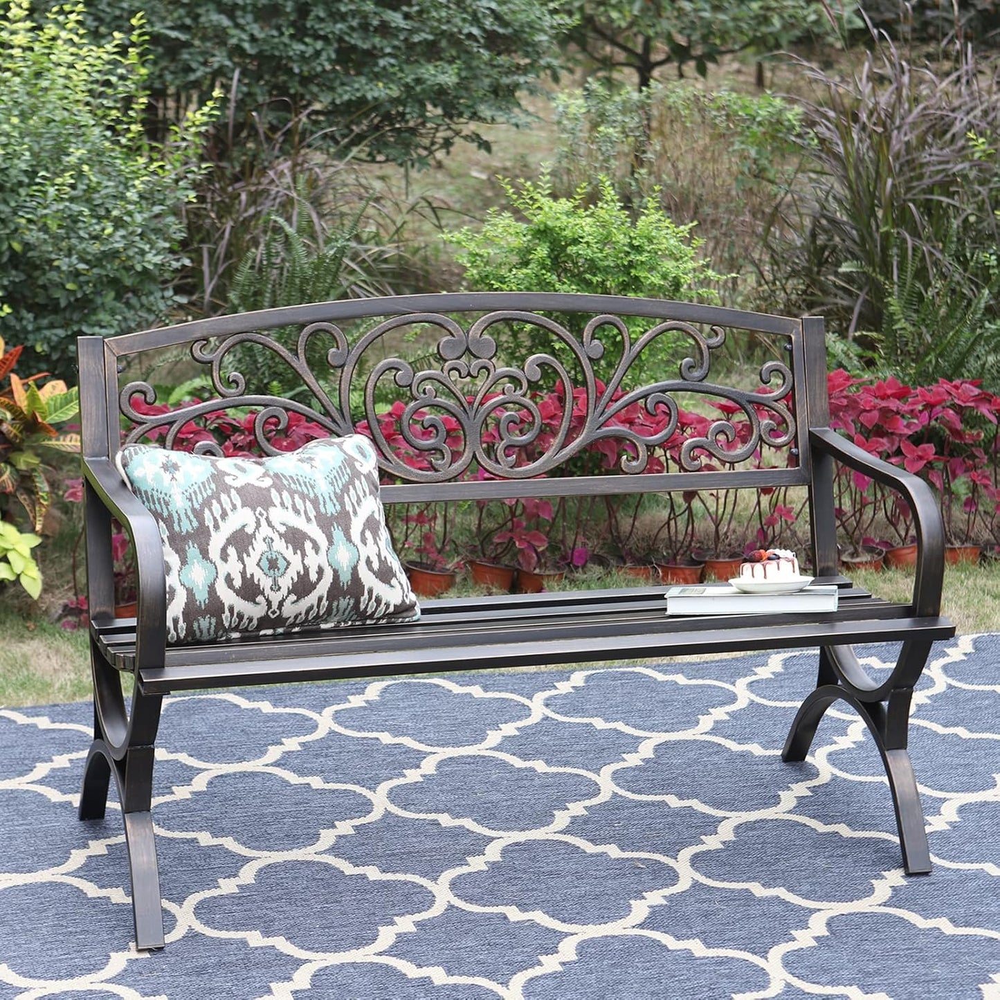 Sophia & William Metal Outdoor Bench, 50" Outdoor Garden Bench Patio Park Bench, Cast Iron Park Benches for Outside with Floral Design Backrest, Bronze