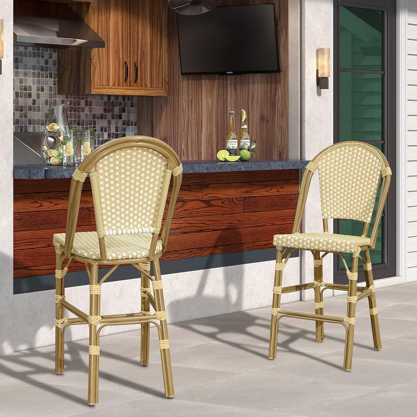 PURPLE LEAF French Bar Stool Set of 4 Bamboo Print Finish Patio Bar Stools with Back Rattan Bar Chairs Wicker Bar Height Stool 30" with Footrest Kitchen Island Stools Outdoor Barstool Cream Yellow