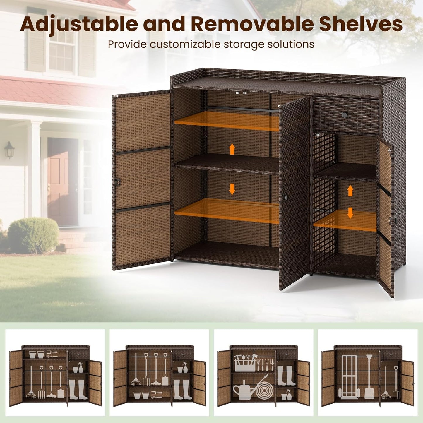 Tangkula Rattan Outdoor Storage Cabinet, Patiojoy Outdoor Cabinet with 4 Adjustable Shelves, 1 Drawer, 3 Doors, Patio Storage Deck Box Table for Patio Garden Poolside (Mix Brown)