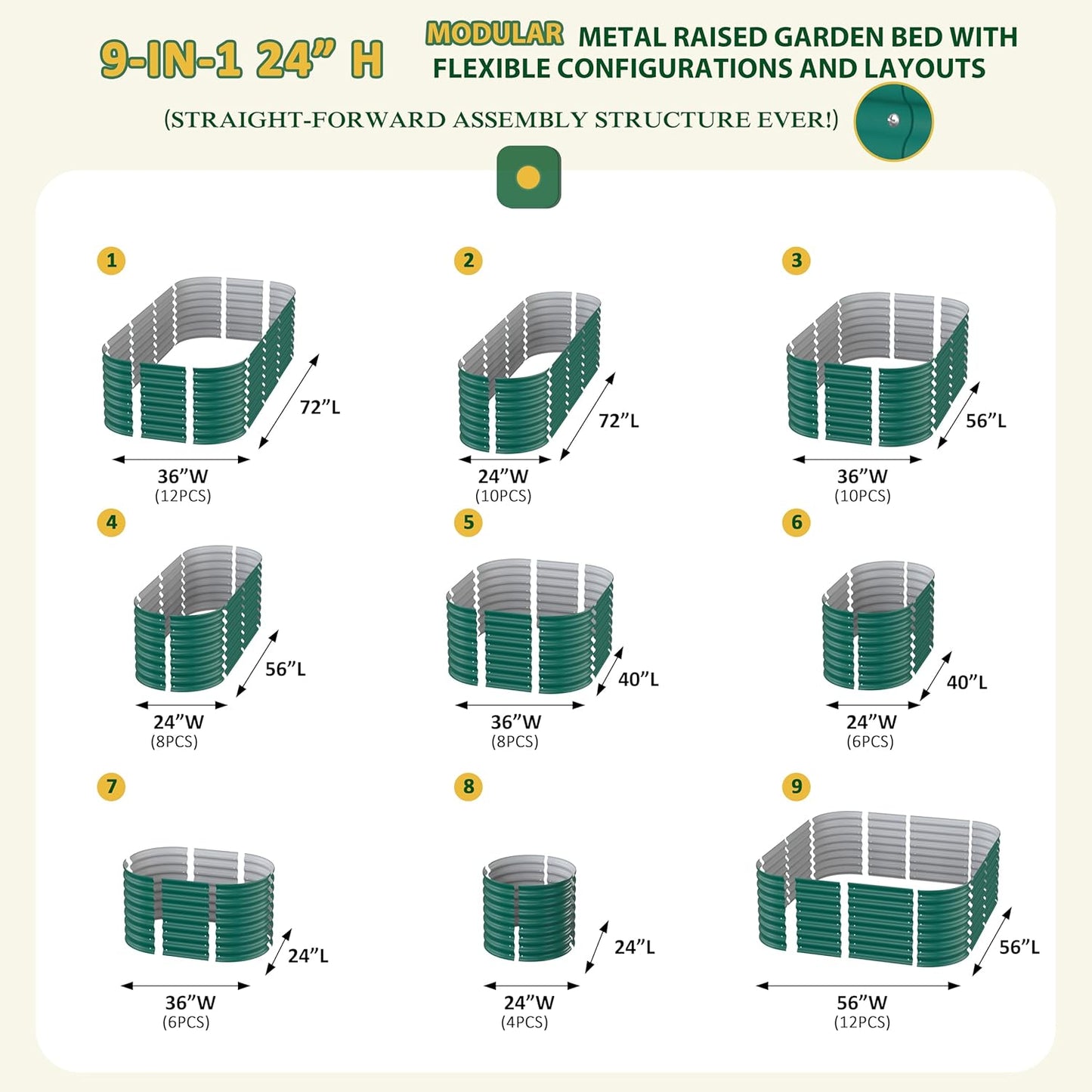 MUPATER 9-in-1 Galvanized Steel Planter Box, 24''H Modular Garden Bed Outdoor with 2 Aluminum Support Rods, 6x3x2FT Raised Garden Bed Kit Oval for Herbs, Vegetables and Flowers, Garden, Green