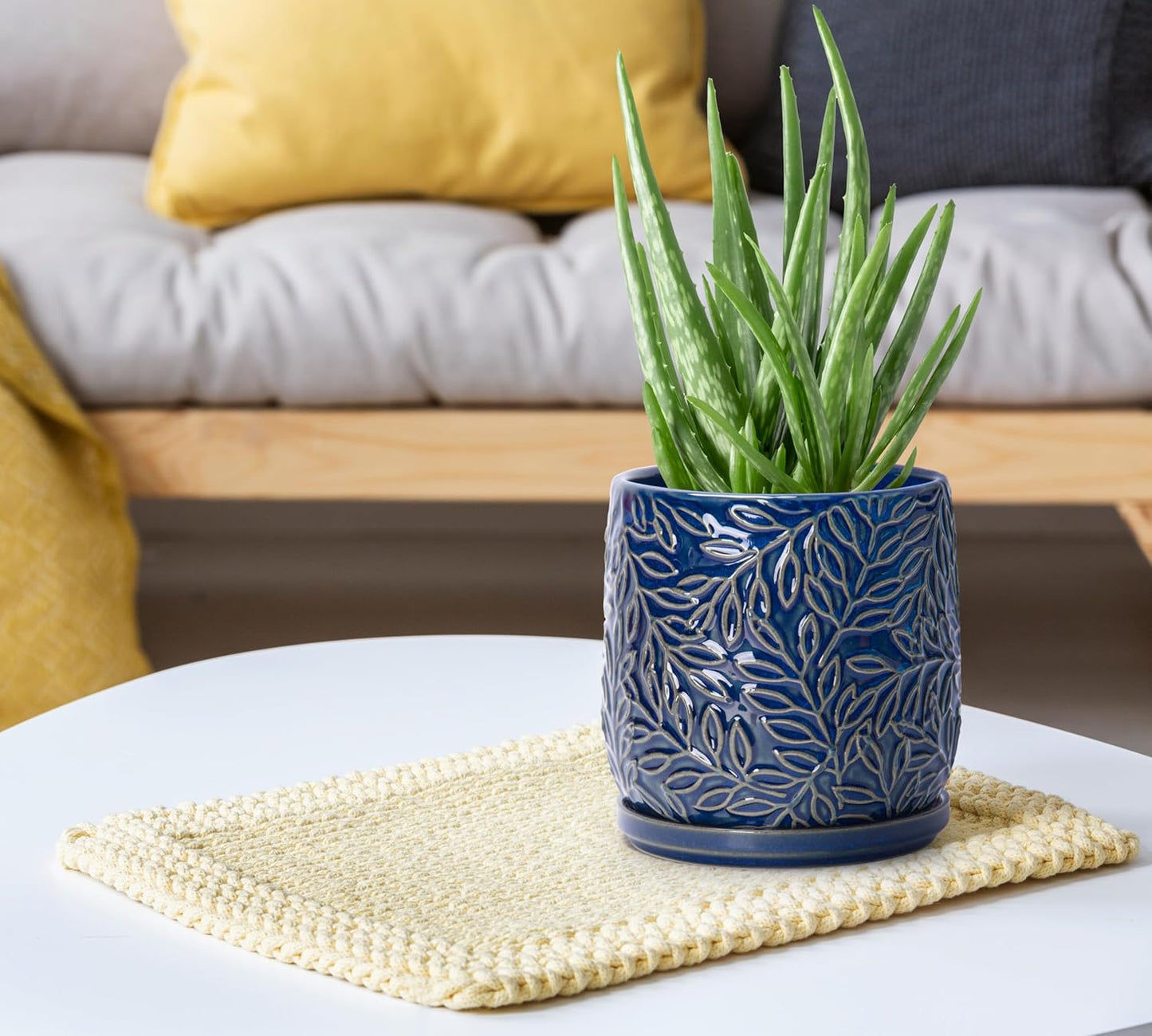 D'vine Dev 5 Inch Embossed Leaves Stoneware Planter Pot with Drainage Hole and Saucer, Midnight Blue, 27-A-V-3