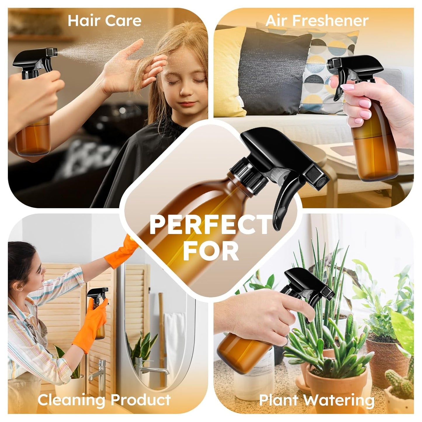 Tecohouse Glass Spray Bottles 8oz, Amber Hair Spray Bottles, 2 Pack Empty Refillable Sprayer Container with Labels, Funnel, Lids, Graduated Pipettes - Handheld Size