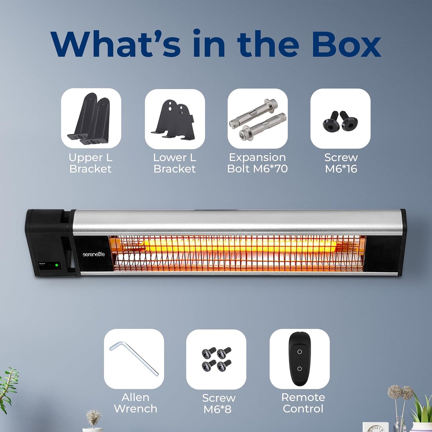 SereneLife Infrared Patio Heater, Wall-Mounted Electric Heater with Remote, 1500W, IP65 Approved, Odorless, Indoor/Outdoor for Patio, Restaurant, Backyard, Garage, Decks