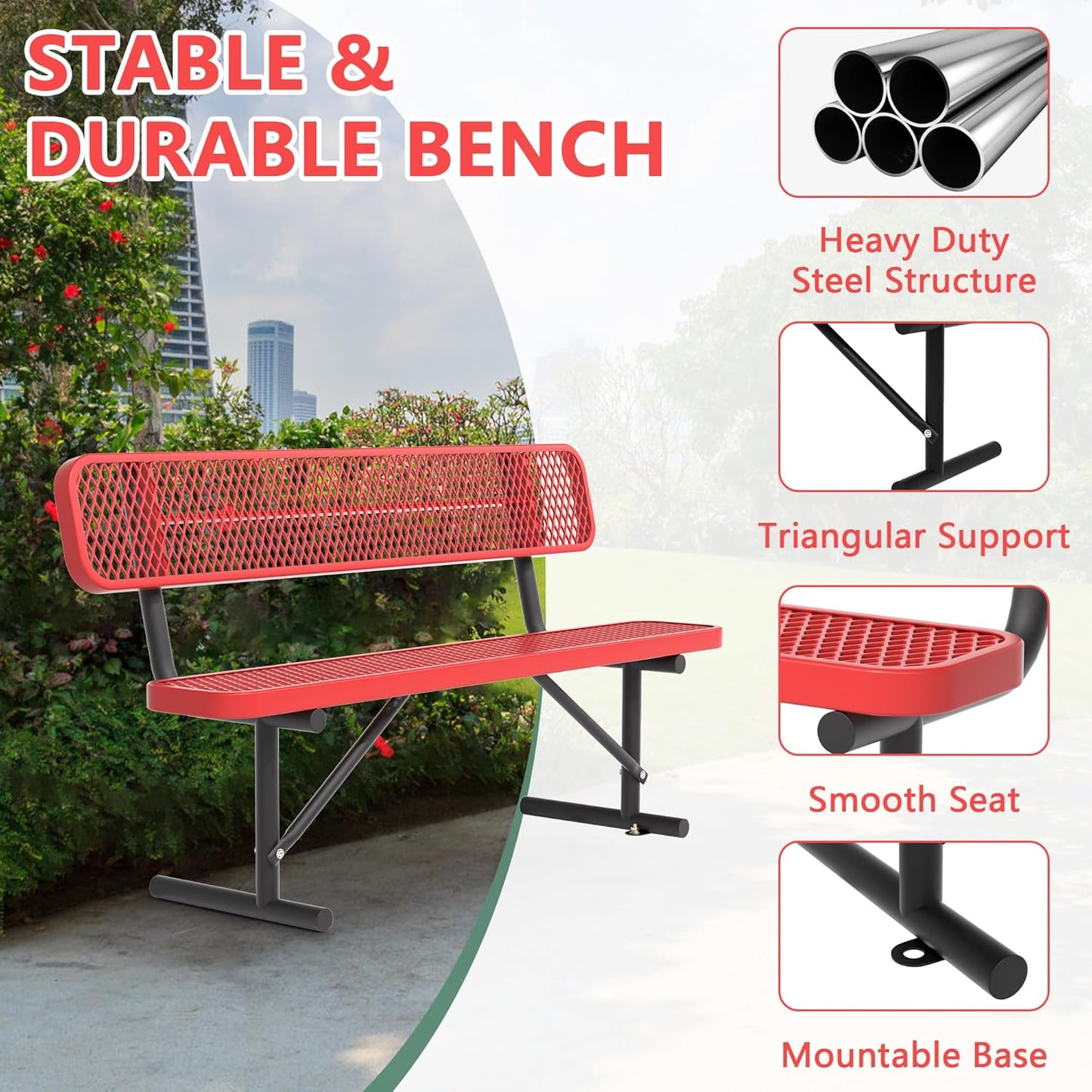 Heavy Duty Park Bench with Back Portable Frame, Outdoor Steel Bench with Backrest, Red Metal Bench Seat Expanded Metal Mesh Bench for Lawn, Park, Deck, Garden, Patio, Porch, Black (Red, 6FT)