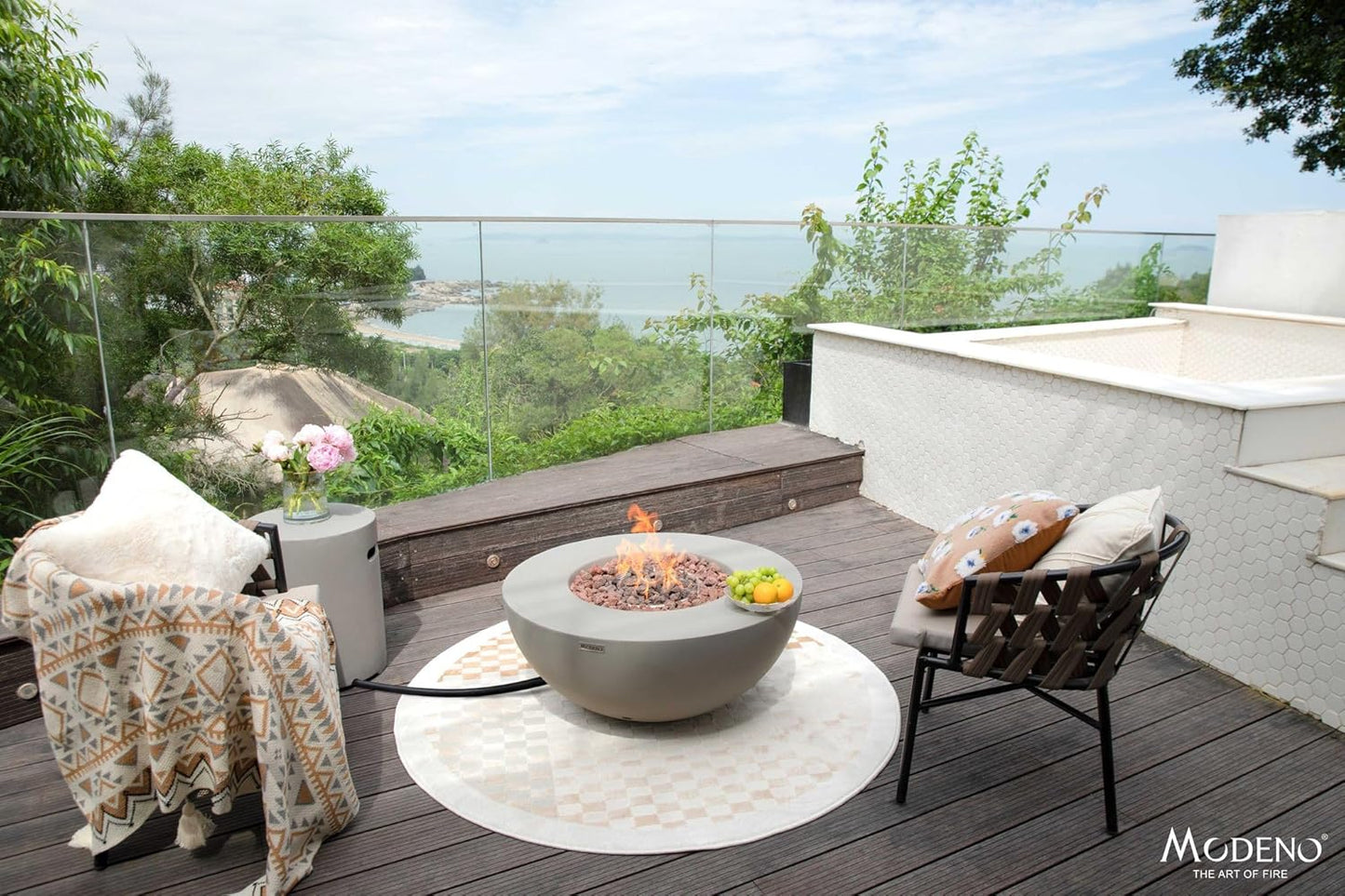 AMS Fireplace | Modeno Roca Package | Light Gray Natural Gas Fire Pit Table for Outdoor Patio Bundle with Wind Guard and SS Burner Lid | Free Rubber Mat & Ice Bucket