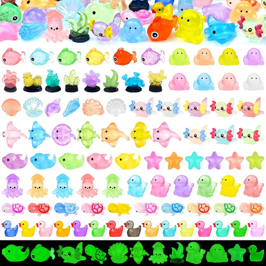 120 Pcs Luminous Mini Ocean Resin Animals Glow in The Dark Tiny Sea Animal Figures Marine Miniature Figurines for Crafts Micro Landscape Fairy Garden Aquarium Decoration