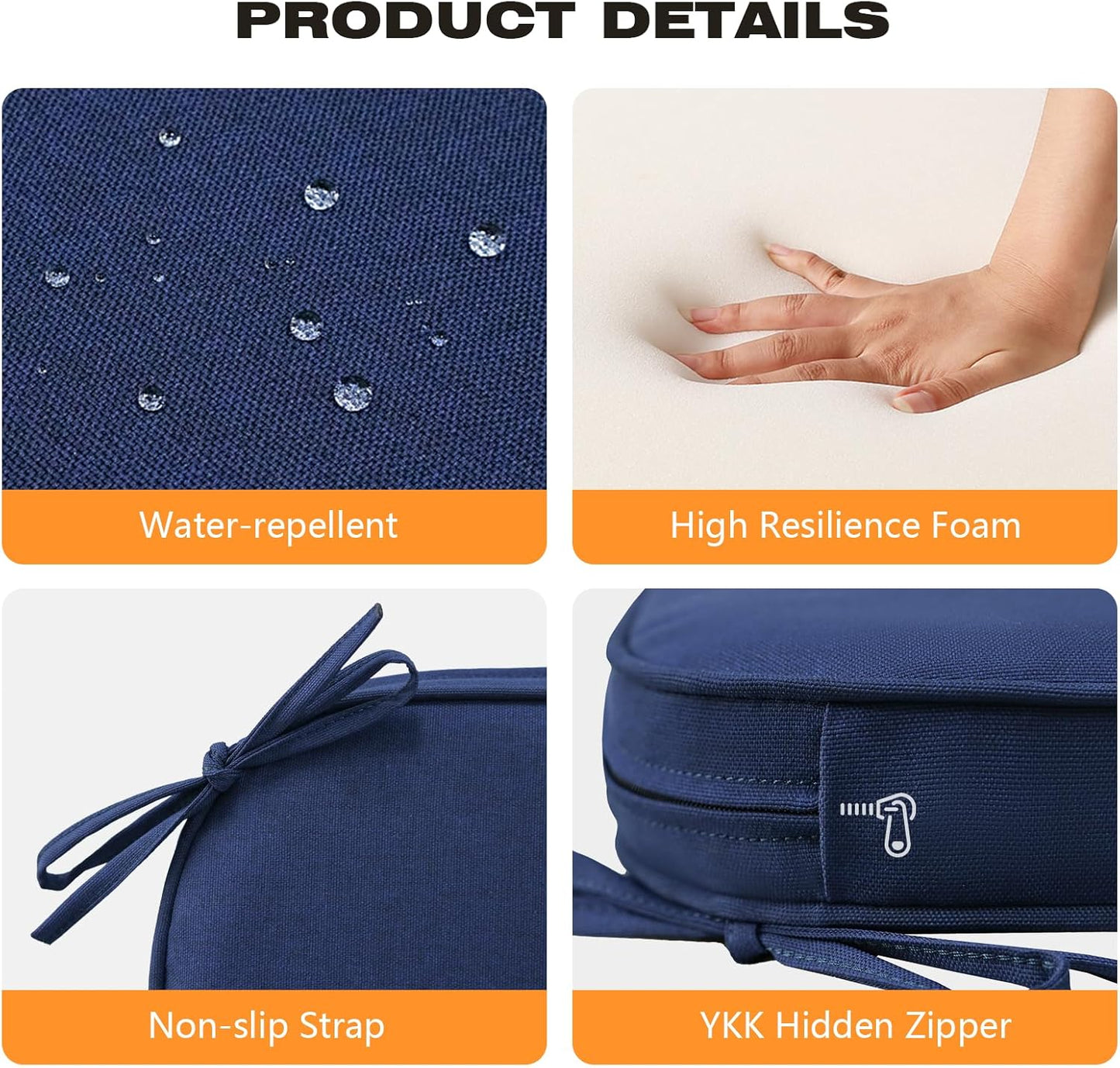 Round Corner Seat Cushions, 17" x 16" x 2", Set of 4, Indoor Outdoor Water Repellent Universal Chair Pads with Ties for Patio Furniture, Garden Deck Dining Chairs, Navy