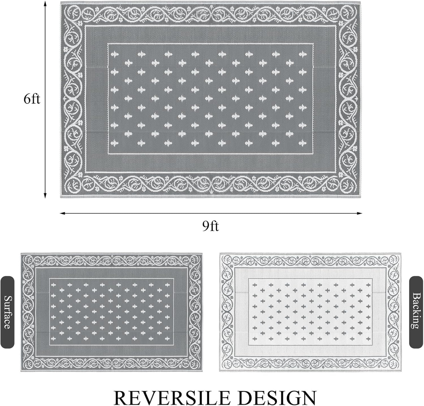 Pauwer Waterproof Outdoor Rug 6x9, Reversible Plastic Straw Patio Camping Rug, Indoor Outdoor RV Mat Carpet for Deck, Camper, Porch, Balcony, Backyard, Picnic, Bordered Grey