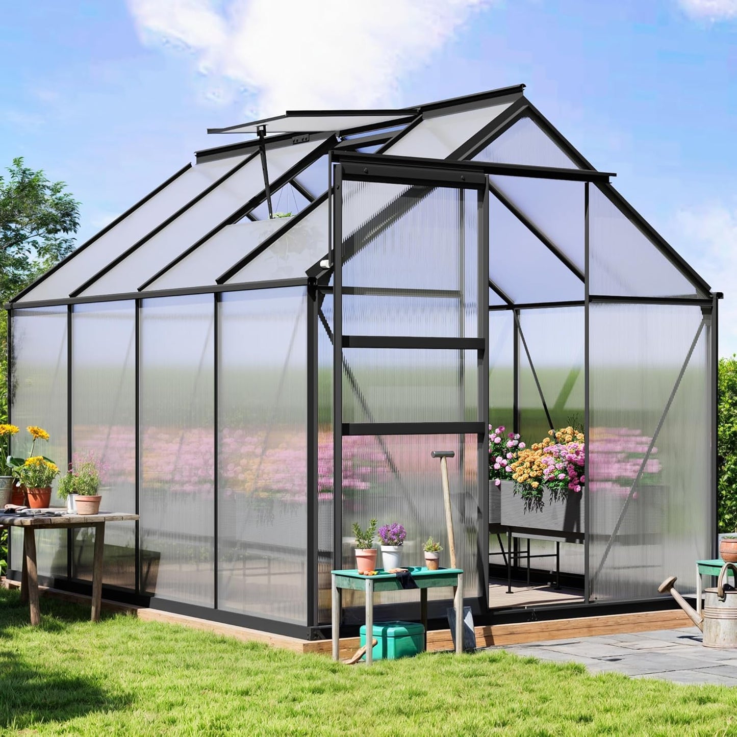 YITAHOME Polycarbonate 6x8FT Greenhouse Heavy Duty Green Houses Outdoor Greenhouses Aluminum Sliding Doors Vent Window Premium Large Sun House for Garden Backyard, Black