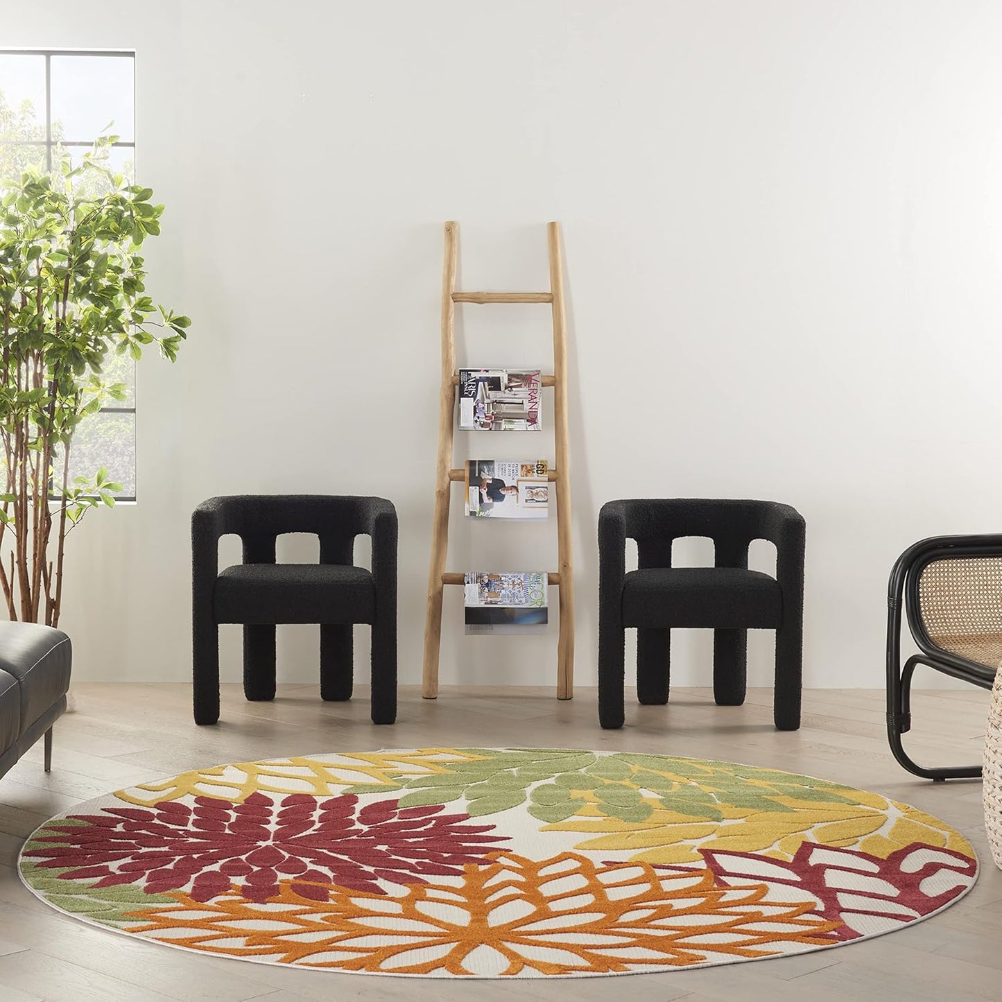 Nourison Home Aloha 94" Round Fabric Indoor/Outdoor Rug in Red Multi-Color