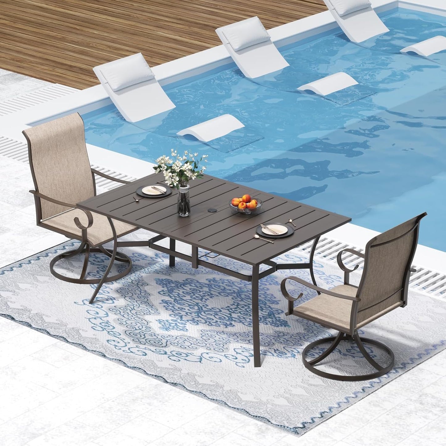 Outdoor Metal Steel Rectangle Patio Dining Table, 6 Person Patio Table with Adjustable Umbrella Hole, Weather-Resistant for Garden Backyard Porch, Dark Brown