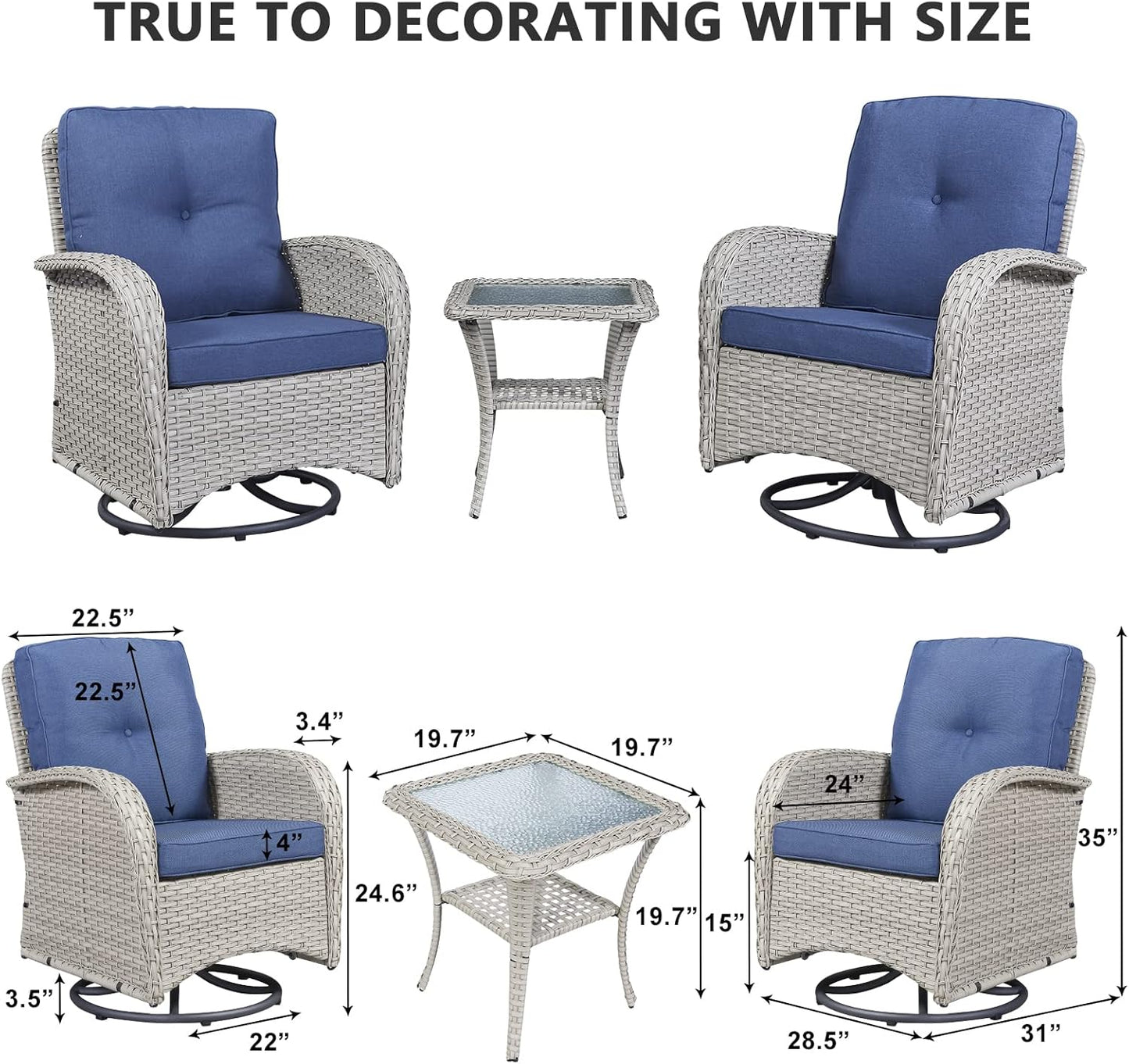 HUMMUH Swivel Patio Chair 3 Piece PE Wicker Patio Furniture Set with Rocking Chairs and Side Table Outdoor Bistro Set for Porch,Garden,Deck,Poolside