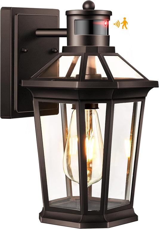 VIANIS Oil Rubbed Bronze Dusk to Dawn Motion Sensor Porch Light, Anti-Rust Aluminum Frame, Tempered Glass, 100% Weather Resistant, Easy Installation, Fits Standard E26 Bulbs