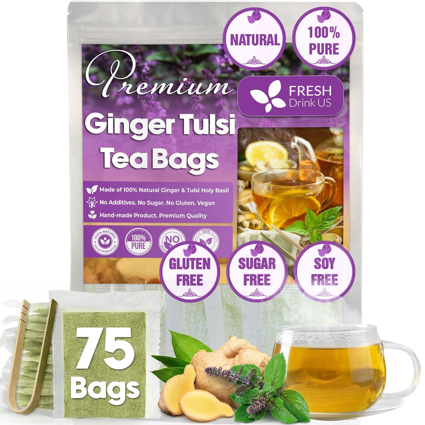 FreshDrinkUS Premium 75 Ginger Tulsi Tea Bags, 100% Natural, Hand-made Blend of Ginger and Tulsi Holy Basil Leaves, Eco-conscious Tea Bags. No Sugar, No Caffeine, Vegan