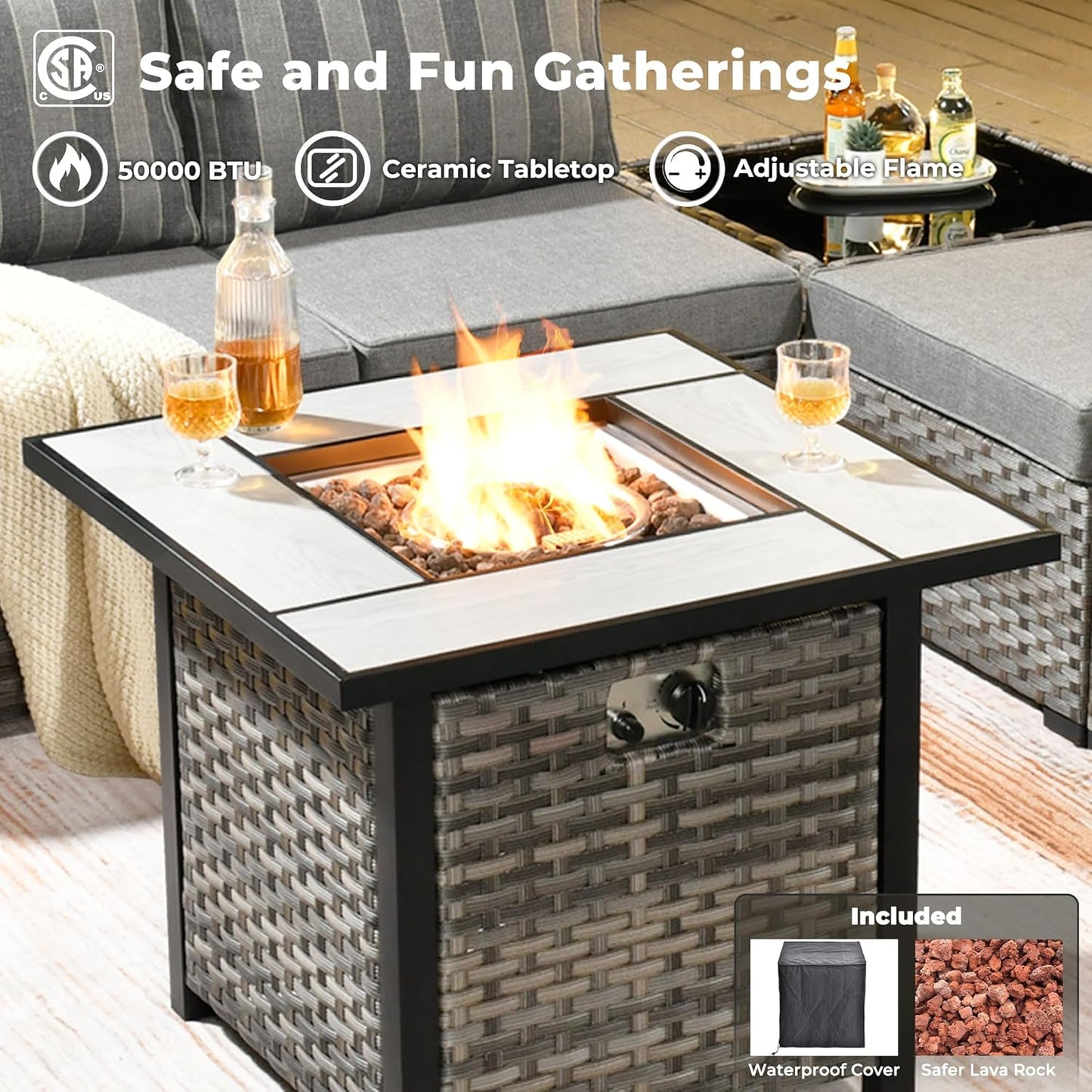 ovios 10 Pieces Patio Furniture Set, Outdoor Wicker Sectional Sofa with 30" Fire Pit Table Swivel Chairs, Modern Modular Deep Seat Rattan Couch Conversation Sets, Dark Gray Stripe