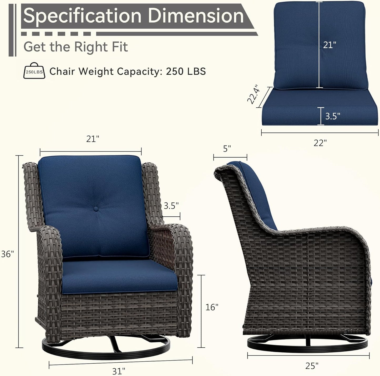 Outdoor Swivel Rocker Patio Chair - Outdoor Wicker Patio Glider Chair with Olefin Fabric Cushions Suitable for Backyard Deck and Porch, Blue