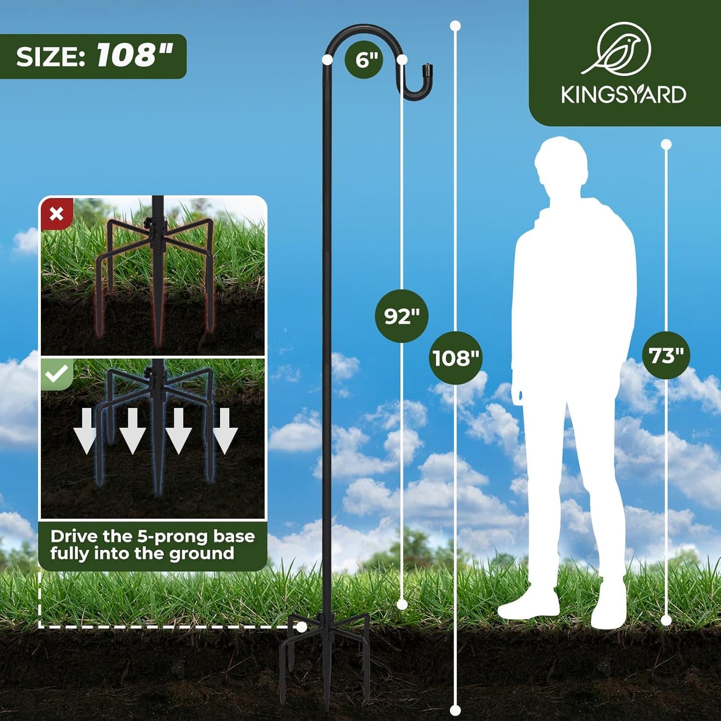 Kingsyard Adjustable Shepherd Hooks for Outdoor - 60 INCH Heavy Duty Bird Feeder Pole with 5 Prong Base, Hummingbird Feeder Stand, Garden Plant Baskets, Weddings Decor, Solar Light Lanterns