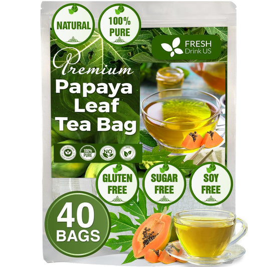 FreshDrinkUS, Premium 40 Papaya Leaf Tea Bags, 100% Natural & Pure. Loose Leaf Papaya Herbal Tea. Made with Natural Material Tea Bags. No Sugar, No Caffeine, No Gluten, Vegan.