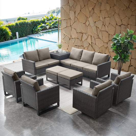 HUMMUH 9 Piece Patio Furniture Set PE Wicker Outdoor Sectional Sofa and Patio Swivel Chairs Outdoor Chairs Storage Box Ottomans for Porch,Garden,Backyard,Deck(Brown/Grey)