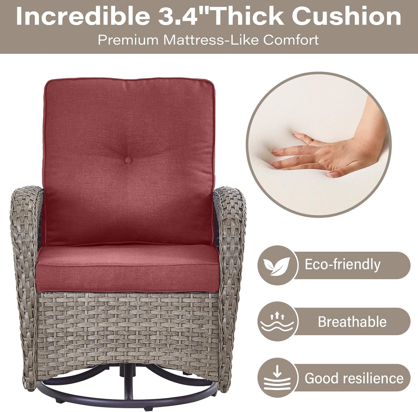 5 Pieces Wicker Patio Furniture Set - Swivel Rocker Outdoor Chairs with Ottomans and Side Table, Small Patio Conversation Set for Porch Deck Backyard Red