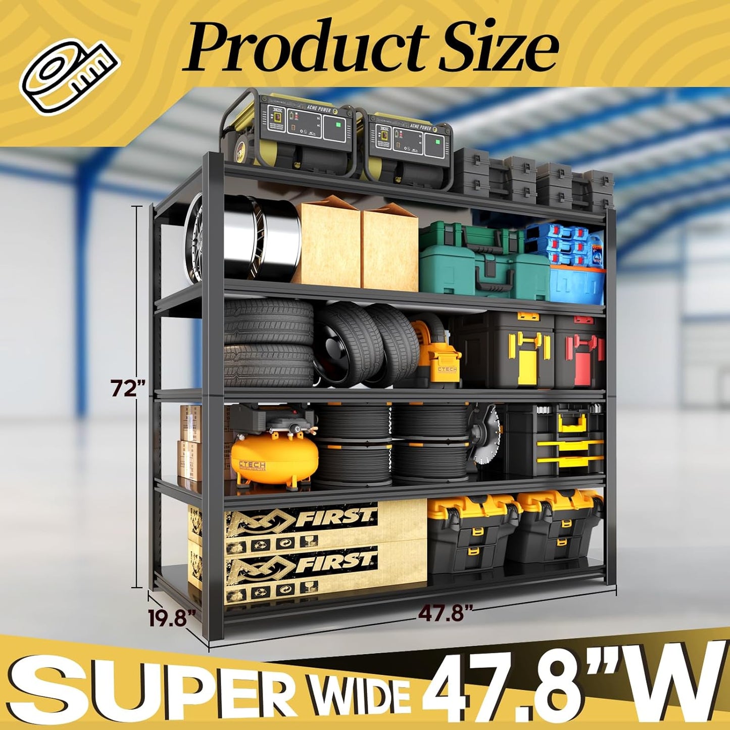 47.8" W Heavy Duty Garage Shelving 3000LBS Storage Shelves, Adjustable 5-Tier Storage Rack, Metal Shelves for Garage/Warehouse/Basement, 47.8" W x 19.8" D x 72" H, 3 Pack