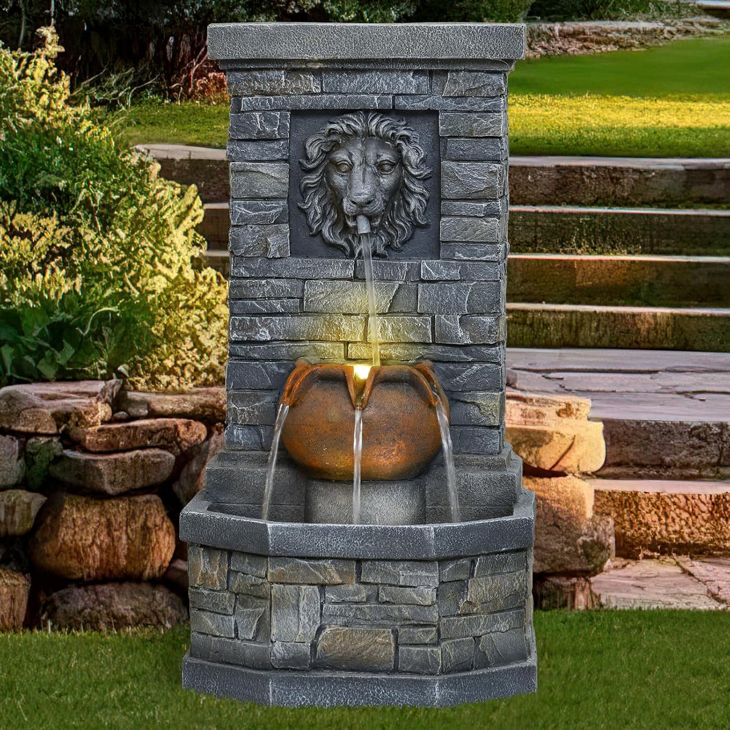 26'' Outdoor Garden Floor-Standing Water Fountain Lion Head Stone with Lights Outdoor Waterfall for Patio, Backyard, Deck, Porch and Home Art Decor